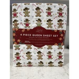 COWBOY GINGERBREAD COOKIE MAN Christmas SHEETS Snowy Holiday Queen Sheet Set NEW